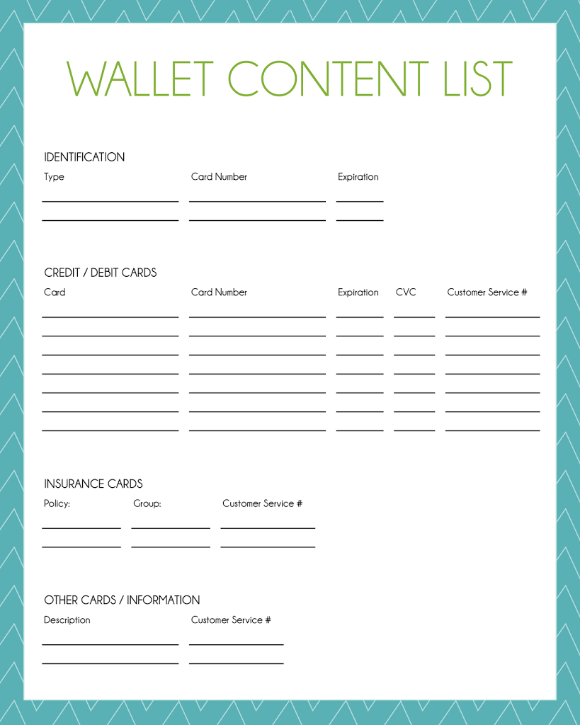 Wallet Content List free printable