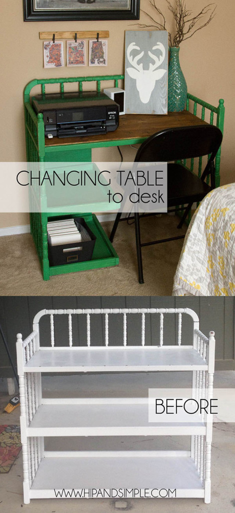 Changing Table Converted to Desk - love the fun color and shelves. Great repurpose